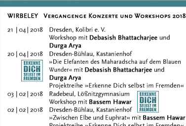 WIRBELEY Vergangene Termine 2014: 21.12.2014 Dresden, Kulturhaus Loschwitz und Loschwitzer Weihnachtsmarkt  20.12.2014 Kreischa, Vereinshaus  14.12.2014 Altkötzschenbroda, Lichterglanz & Budenzauber    13.12.2014 Altkötzschenbroda, Lichterglanz & Budenzauber    12.12.2014 Lohsdorf, Gasthof zum Schwarzbachtal 07.12.2014 Zittau, Kulturhistorisches Museum und Adventsmarkt  06.12.2014 Glashütte, Atrium der Uhrenmanufaktur 29.11.2014 Altkötzschenbroda, Lichterglanz & Budenzauber    28.11.2014 Altkötzschenbroda, Lichterglanz & Budenzauber 12.10.2014 Weimar, Zwiebelmarkt 11.10.2014 Dresden, Haus der Kirche 28.09.2014 Döllingen »Apfeltag« 21.09.2014 Ebenheit »Bergwiesenfest« 14.09.2014 Stolpen »Natur- und Bauernmarkt« 13.09.2014 Malschwitz, Biosphärenreservat »Herbstmarkt« 12.09.2014 Groitzsch, Marktplatz »800-Jahr-Feier« 07.09.2014 Bad Muskau »Kräutergartenfest« 06.09.2014 Bad Muskau »Kräutergartenfest« 16.08.2014 Bad Wilsnack »Pilgerfest« 06.07.2014 Rudolstadt »Tanz- und Folkfestival« 29.06.2014 Salzkotten, Kulturgut Winkhausen »Sommerfest« 28.06.2014 Salzkotten, Kulturgut Winkhausen 25.06.2014 Bautzen, Kloster Marientern 22.06.2014 Ortenberg, Int. Straßenspektakel »Altstadt pur« 15.06.2014 Stolpen, Marktplatz »Stadtfest« 14.06.2014 Stolpen, Marktplatz »Stadtfest« 07.06.2014 Hohburkersdorf, Permahof 01.06.2014 Dresden, Wachwitzer Weinberg 17.05.2014 Dresden, Johanniskirche 10.05.2014 Dresden, World Trade Center 12.04.2014 Wustrau, Prignitz 05.04.2014 Dresden, Elbepark 13.03.2014 Dippoldiswalde, Glückauf-Gymnasium 01.02.2014 Loschwitz, Körnergarten 